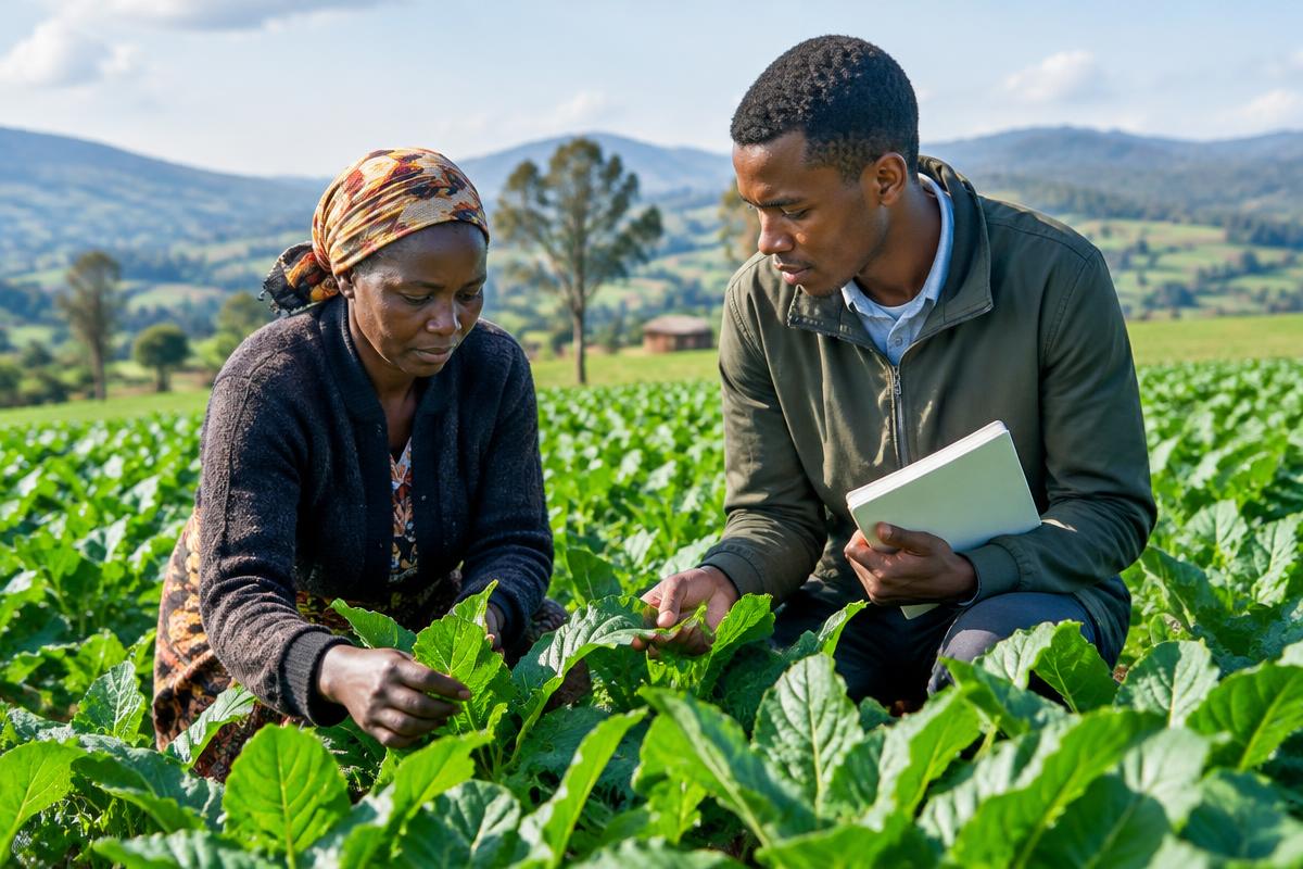 Illustrative scene of a farmer and researcher examining crops